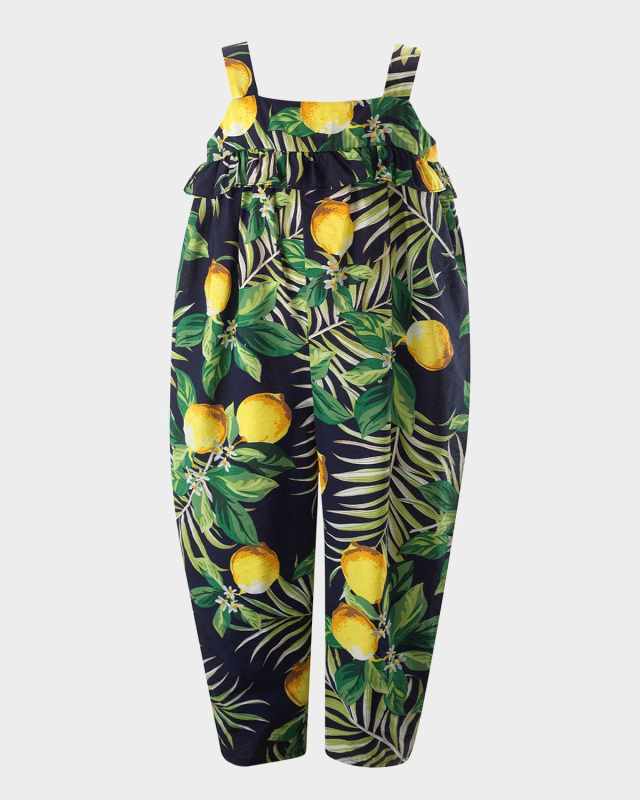 Girl's Lemon-Print Ruffle Jumpsuit, Size 2-